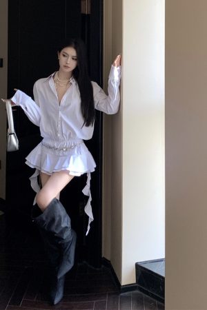 Y2K Ruffled Irregular Waist White Shirt Dress - Spicy Girl Design with Short Skirt - Trendy Millennial Fashion