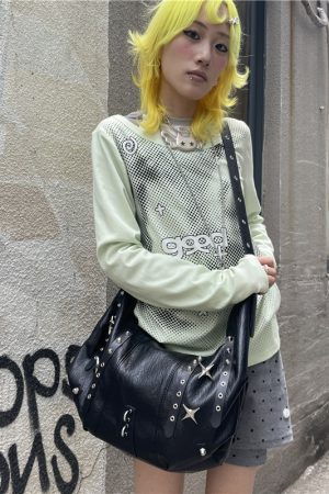 Y2K Star Pattern Tote Bag, Soft Leather, Large Capacity, Single Shoulder Crossbody, Commuting & Motorcycle Ready