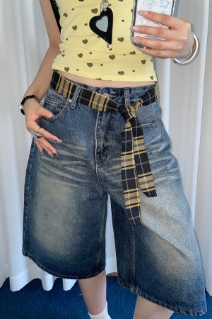 Y2K Yellow Plaid Belt Scarf Dress for Women - Trendy American Retro Long Neck Style, Perfect Denim Pants Accessory