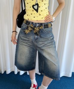 Y2K Yellow Plaid Belt Scarf Dress for Women - Trendy American Retro Long Neck Style, Perfect Denim Pants Accessory