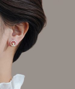 Year of the Dragon Red Floral Stud Earrings, Chinese Style New Year Accessories, Elegant 2025 Fashion Jewelry