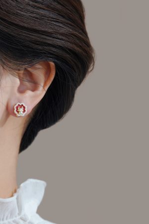 Year of the Dragon Red Floral Stud Earrings, Chinese Style New Year Accessories, Elegant 2025 Fashion Jewelry