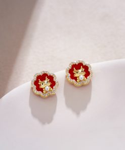 Year of the Dragon Red Floral Stud Earrings, Chinese Style New Year Accessories, Elegant 2025 Fashion Jewelry