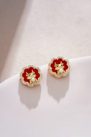 Year of the Dragon Red Floral Stud Earrings, Chinese Style New Year Accessories, Elegant 2025 Fashion Jewelry