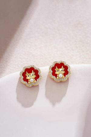Year of the Dragon Red Floral Stud Earrings, Chinese Style New Year Accessories, Elegant 2025 Fashion Jewelry