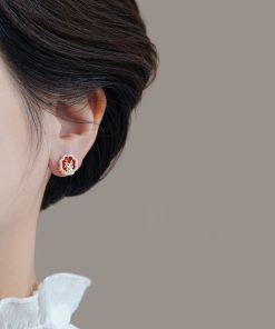Year of the Dragon Red Floral Stud Earrings, Chinese Style New Year Accessories, Elegant 2025 Fashion Jewelry