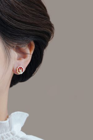 Year of the Dragon Red Floral Stud Earrings, Chinese Style New Year Accessories, Elegant 2025 Fashion Jewelry