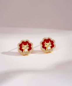 Year of the Dragon Red Floral Stud Earrings, Chinese Style New Year Accessories, Elegant 2025 Fashion Jewelry