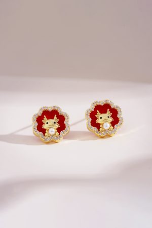 Year of the Dragon Red Floral Stud Earrings, Chinese Style New Year Accessories, Elegant 2025 Fashion Jewelry