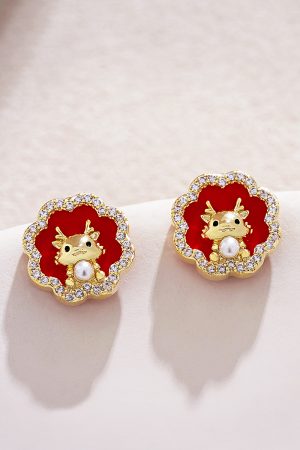 Year of the Dragon Red Floral Stud Earrings, Chinese Style New Year Accessories, Elegant 2025 Fashion Jewelry