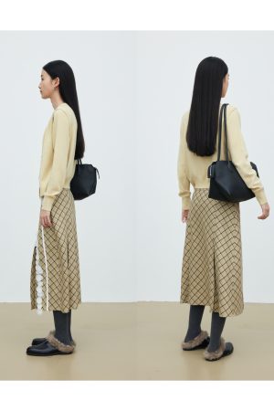 Yellow Checkered Pleated A-Line Skirt with Beaded Decorative Detail - Chic Summer Fashion, Perfect for 90s or Y2K Inspired Looks