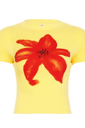 Yellow Floral Print Color-Blocking Cropped Short-Sleeve T-Shirt for Women - American Street Style Summer Vacation Top
