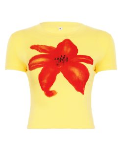 Yellow Floral Print Color-Blocking Cropped Short-Sleeve T-Shirt for Women - American Street Style Summer Vacation Top