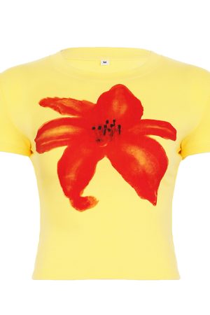 Yellow Floral Print Color-Blocking Cropped Short-Sleeve T-Shirt for Women - American Street Style Summer Vacation Top