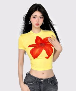 Yellow Floral Print Color-Blocking Cropped Short-Sleeve T-Shirt for Women - American Street Style Summer Vacation Top