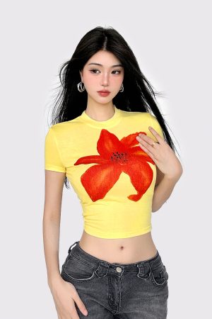 Yellow Floral Print Color-Blocking Cropped Short-Sleeve T-Shirt for Women - American Street Style Summer Vacation Top