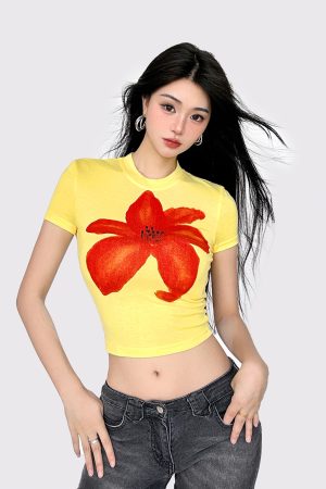 Yellow Floral Print Color-Blocking Cropped Short-Sleeve T-Shirt for Women - American Street Style Summer Vacation Top