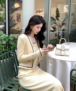 Yellow Knitted Short Jacket for Women, Slim-Fitting Cardigan with Design-Sensitive Style, Trendy Layering Piece for Y2K Fashion