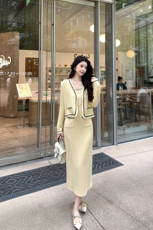 Yellow Knitted Short Jacket for Women, Slim-Fitting Cardigan with Design-Sensitive Style, Trendy Layering Piece for Y2K Fashion