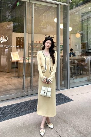 Yellow Knitted Short Jacket for Women, Slim-Fitting Cardigan with Design-Sensitive Style, Trendy Layering Piece for Y2K Fashion