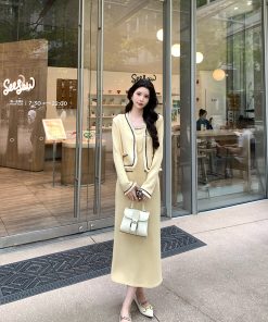 Yellow Knitted Short Jacket for Women, Slim-Fitting Cardigan with Design-Sensitive Style, Trendy Layering Piece for Y2K Fashion