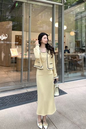 Yellow Knitted Short Jacket for Women, Slim-Fitting Cardigan with Design-Sensitive Style, Trendy Layering Piece for Y2K Fashion