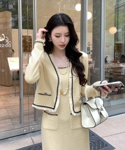 Yellow Knitted Short Jacket for Women, Slim-Fitting Cardigan with Design-Sensitive Style, Trendy Layering Piece for Y2K Fashion
