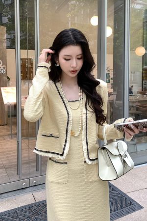 Yellow Knitted Short Jacket for Women, Slim-Fitting Cardigan with Design-Sensitive Style, Trendy Layering Piece for Y2K Fashion
