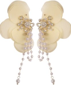 Yellow Lace Flower Asymmetrical Earrings with Korean Style Tassels, Pearls, Minimalist Design for Unique, Ethereal Look