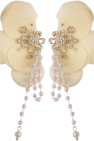 Yellow Lace Flower Asymmetrical Earrings with Korean Style Tassels, Pearls, Minimalist Design for Unique, Ethereal Look