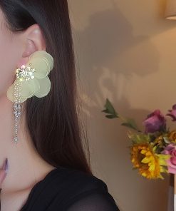 Yellow Lace Flower Asymmetrical Earrings with Korean Style Tassels, Pearls, Minimalist Design for Unique, Ethereal Look