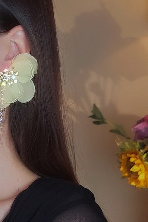 Yellow Lace Flower Asymmetrical Earrings with Korean Style Tassels, Pearls, Minimalist Design for Unique, Ethereal Look