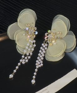 Yellow Lace Flower Asymmetrical Earrings with Korean Style Tassels, Pearls, Minimalist Design for Unique, Ethereal Look