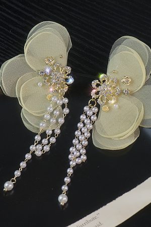 Yellow Lace Flower Asymmetrical Earrings with Korean Style Tassels, Pearls, Minimalist Design for Unique, Ethereal Look
