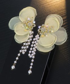 Yellow Lace Flower Asymmetrical Earrings with Korean Style Tassels, Pearls, Minimalist Design for Unique, Ethereal Look