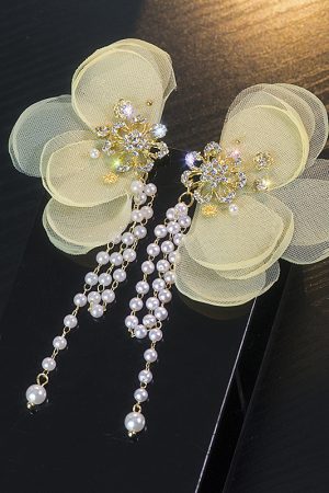 Yellow Lace Flower Asymmetrical Earrings with Korean Style Tassels, Pearls, Minimalist Design for Unique, Ethereal Look