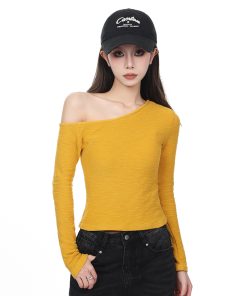 Yellow Off-Shoulder Long Sleeve T-Shirt for Women - Slim Fit Flattering Base Layer, Spring 2025 Korean Style Top