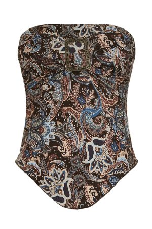 Zen-Style Vintage Metal Japanese Buckle Strapless Retro Distressed Print Waist-Cinching Top - Irregular Design, Y2K Fashion