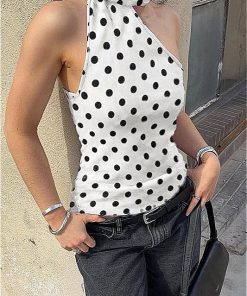 Polka Dot Halter Backless Tie Shoulder Crop Top - Easy Halloween Costume